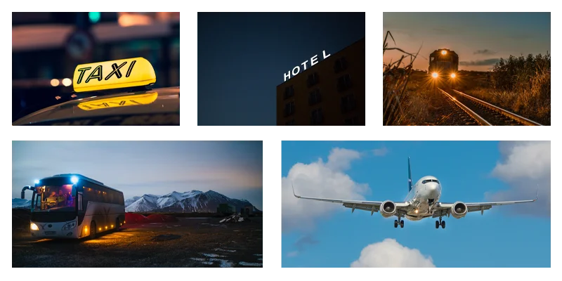 Four modes of transportation: taxi, bus, and airplane.